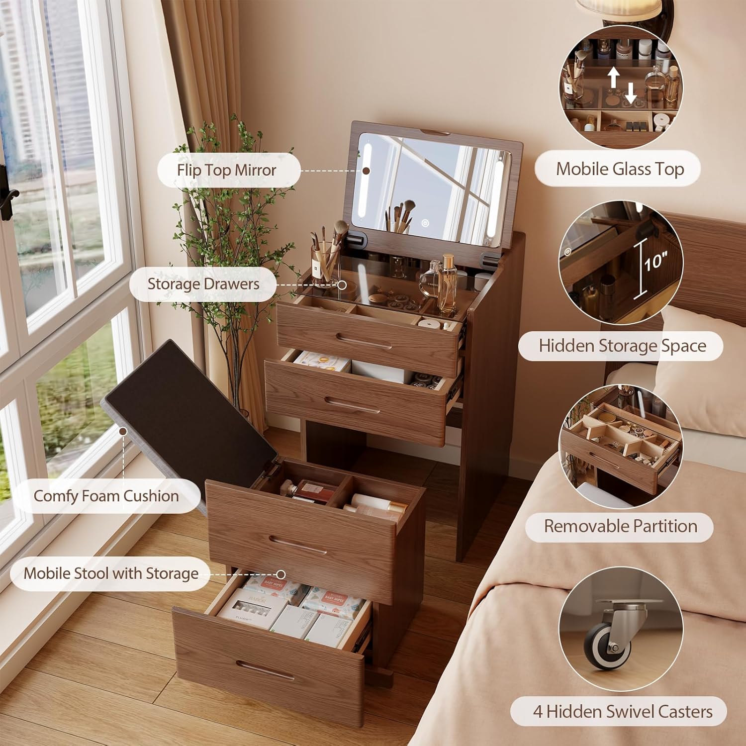 3-in-1 Makeup Vanity Oak